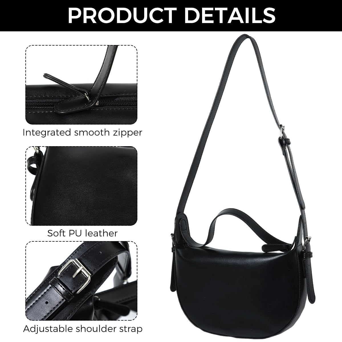ZIBUYU Crossbody Bag for Women with Adjustable Strap and Handle | Black PU Sling Bag