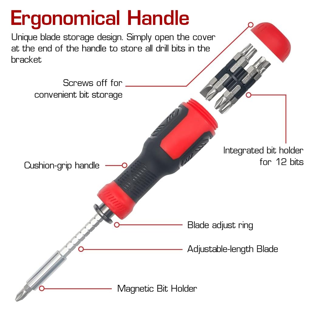 Serplex® 13 in 1 Screwdriver 12pcs Bits, Multi Screwdriver Multi-bit Screwdriver Set Tool, Portable Multi-Purpose Screwdriver, Screw Driver Set Kit, Slotted/Philips/Pozi/Torx/Square, Nut Driver