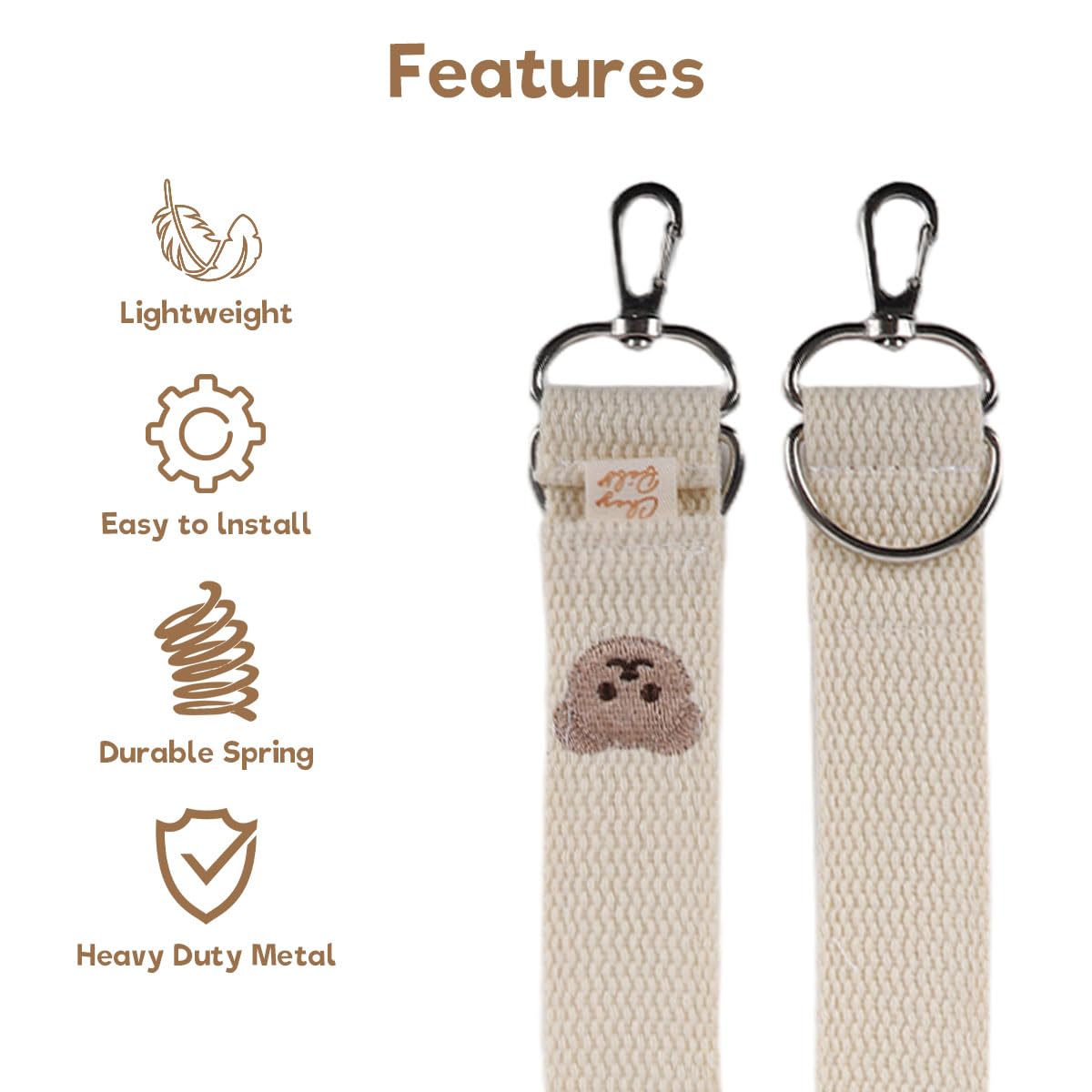 SNOWIE SOFT Baby Stroller Hooks 2 Pack with Metal Carabiner and Adjustable Cotton Straps | White Bear Design for Bags and Diapers