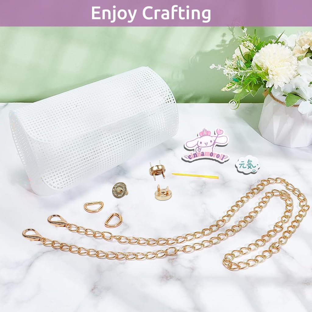 HASTHIP Plastic Mesh Canvas Sheets for DIY Kawaii Cinnamoroll Bag with Chenille Yarns | Embroidery and Crochet Craft Kit