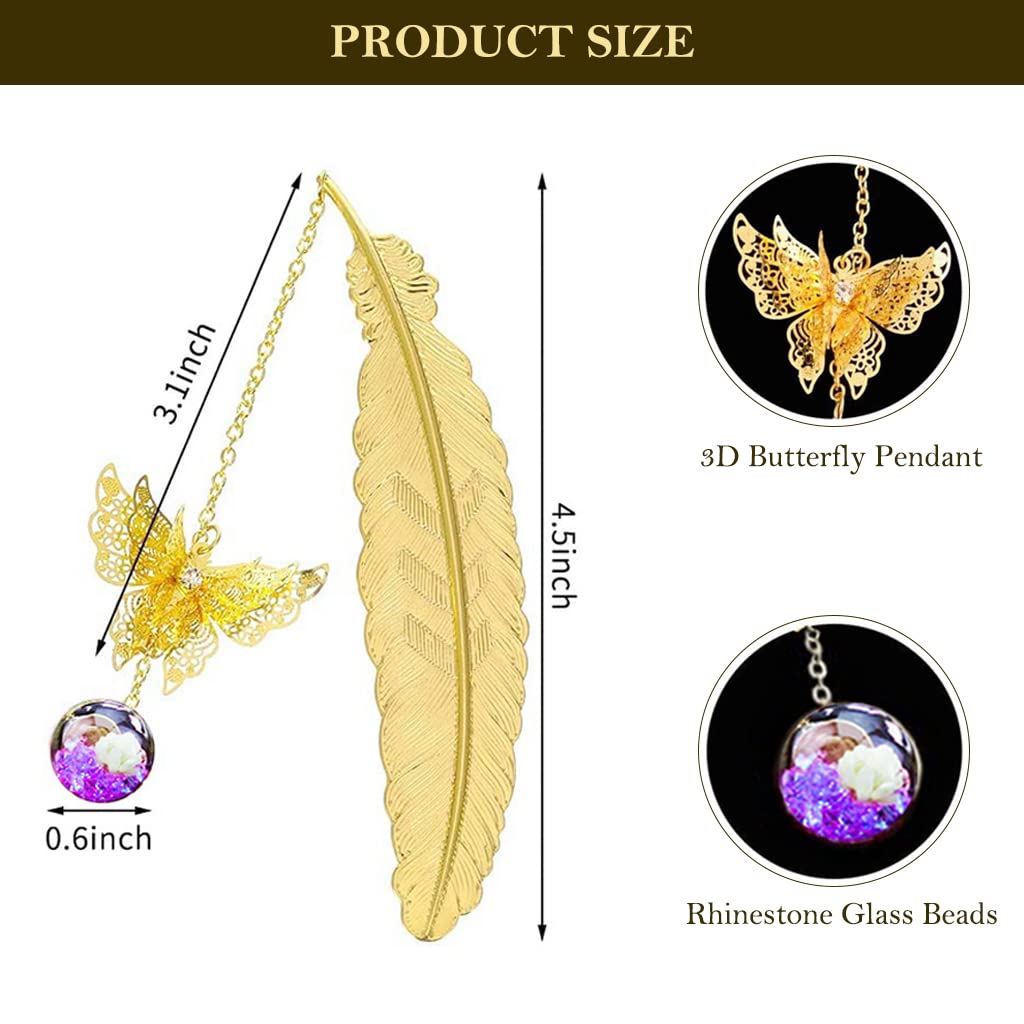 Supvox Metal Feather Bookmark for Reading and Gifting featuring 3D Butterfly Pendant | 3 PCS