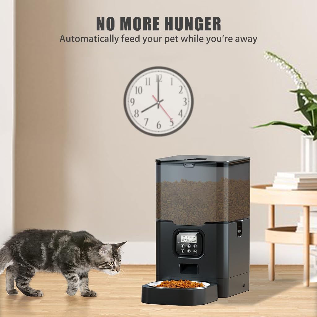 Qpets® Cat Feeder Automatic, 6L Cat Dog Automatic Feeder Smart Pet Food Dispenser, Large Capacity Cat Feeder with Timer & Stainless Steel Food Bowls & Portion Control & Voice Reminder