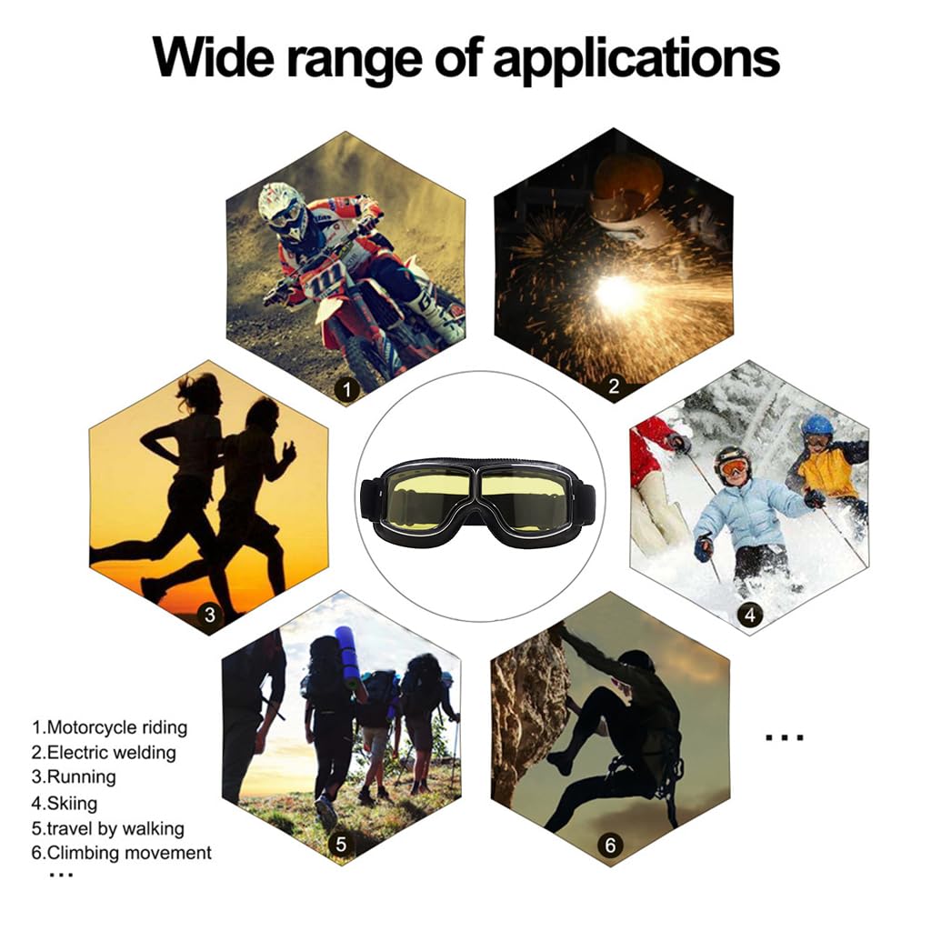 PROBEROS Motorcycle Goggles for Outdoor Riding with 7 in Width and Adjustable Elastic Belt | Yellow Anti Fog Lens for Wind and Dust Protection