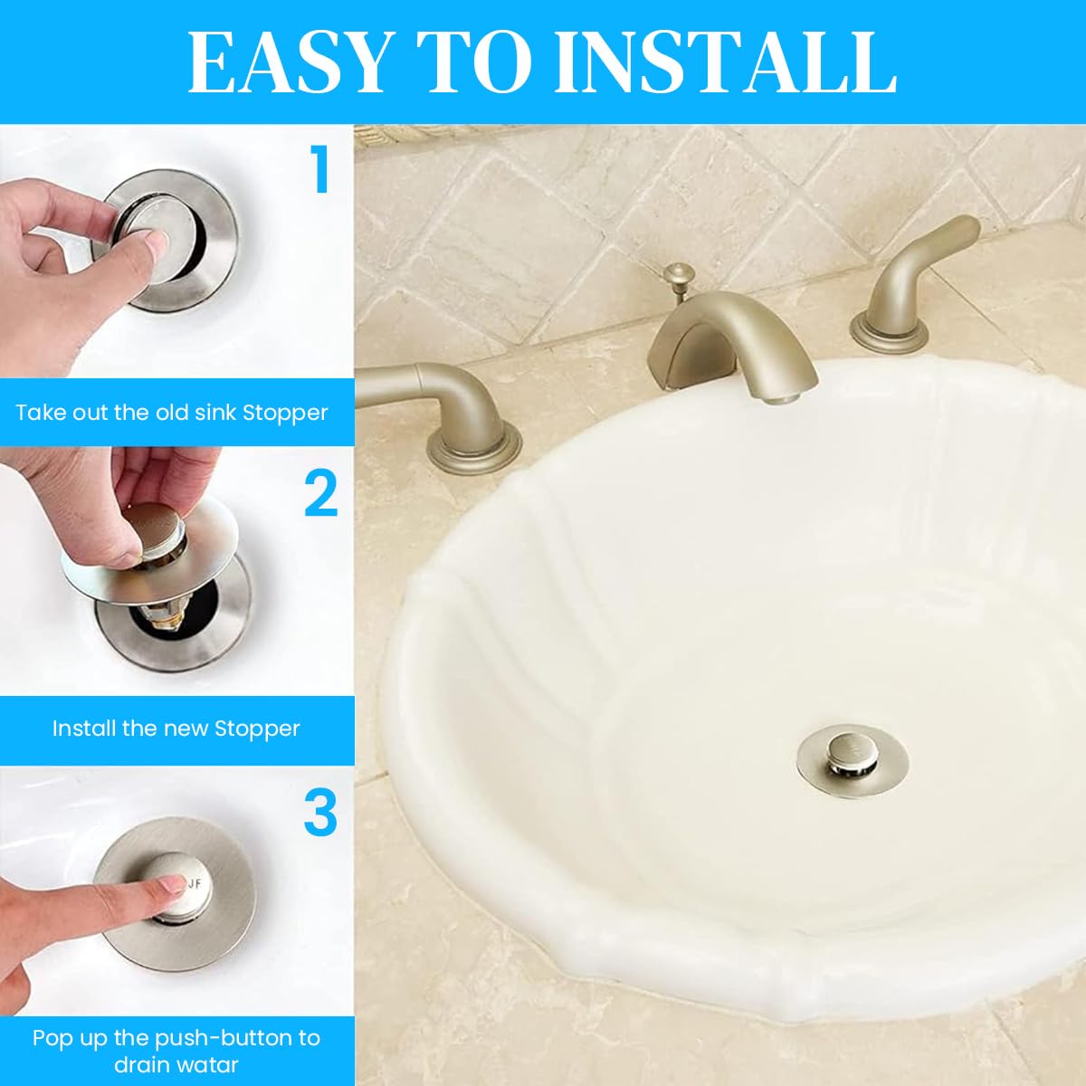 HASTHIP Kitchen Sink Strainer for 1.33–1.57 in Drains with Pop Up Stopper | Brass Silver Plug