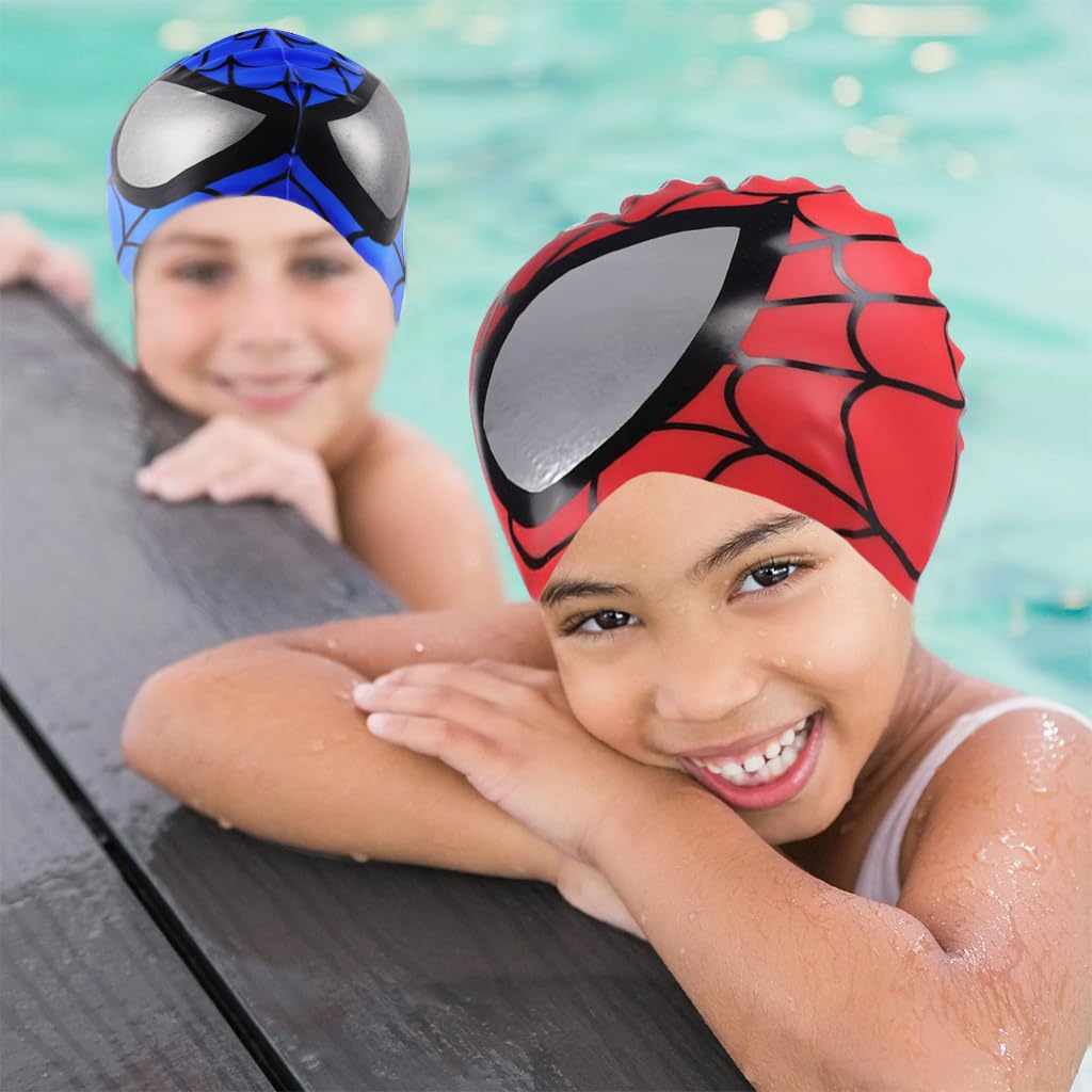 Proberos® Kids Silicone Swim Caps, Cartoon Spiderman Swimming Cap for Kids Elastic Silicone Swim Cap, Waterproof Stretchy for Children, Swimming Cap for Child Aged 3-6(2pc)