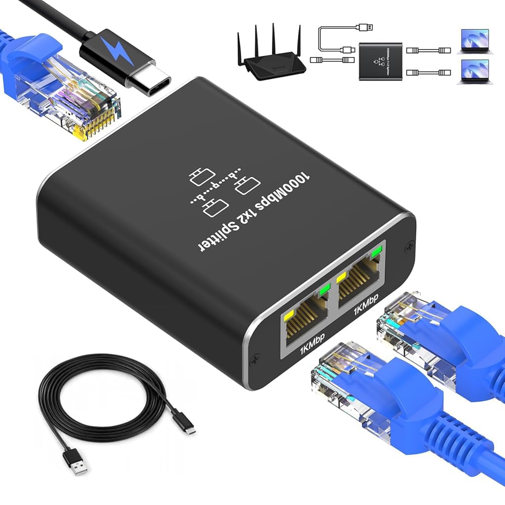 Verilux® Ethernet Splitter USB C Powered 1000Mbps 1 to 2 Ethernet Splitter Ethernet Network Splitter Portable Gigabit Ethernet Splitter for Home, Office, Travel