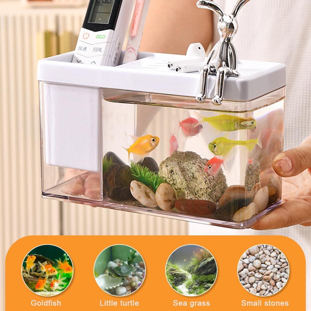 Qpets Compact Desk Betta Fish Tank for Home and Office Decor featuring Slotted Roof and Built in Storage 17.1x8x10.5cm