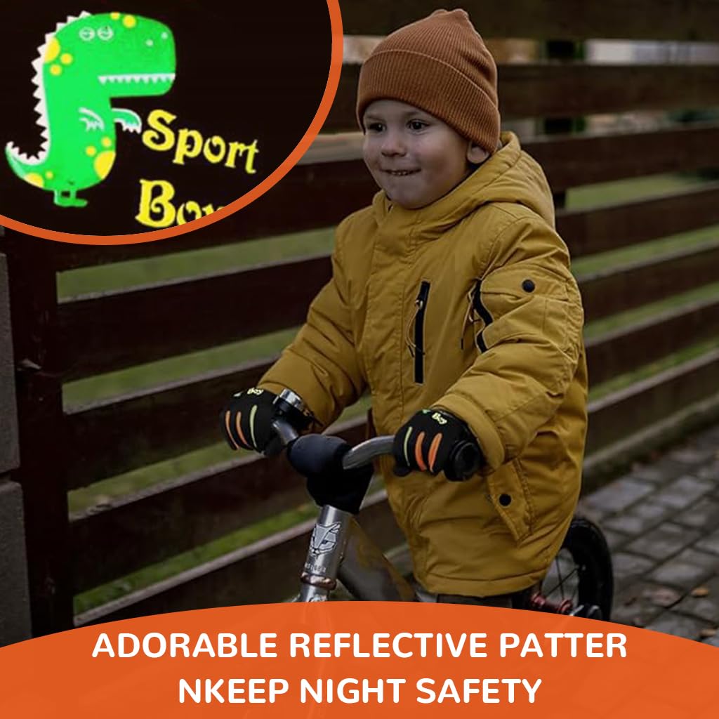 PROBEROS Child Winter Riding Gloves with Reflective Dino Pattern and Coral Fleece Liner for Kids Aged 3–8 | Windproof & Splashproof Outdoor Sports Warmth to -5°C