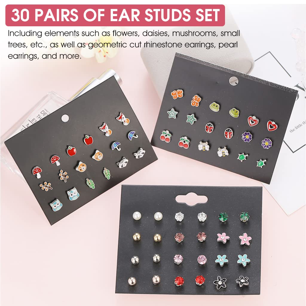 Zibuyu Stud Earrings for Women featuring 30 Pair Alloy Studs with Pearls & Rhinestones | Gift for Girls