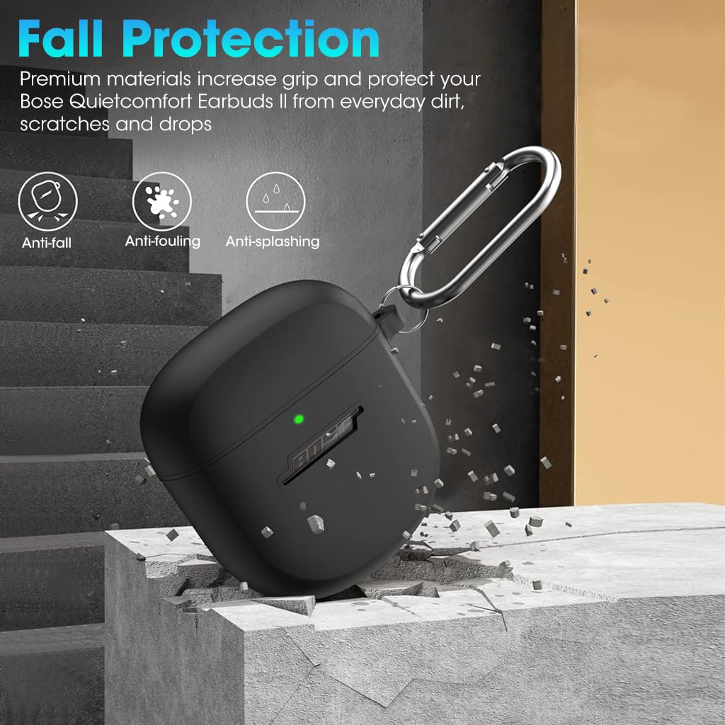 Zeitel Case for Bose QuietComfort Earbuds 2 with Carabiner Clip and Shockproof Silicone Cover | Waterproof Black Charging Accessory