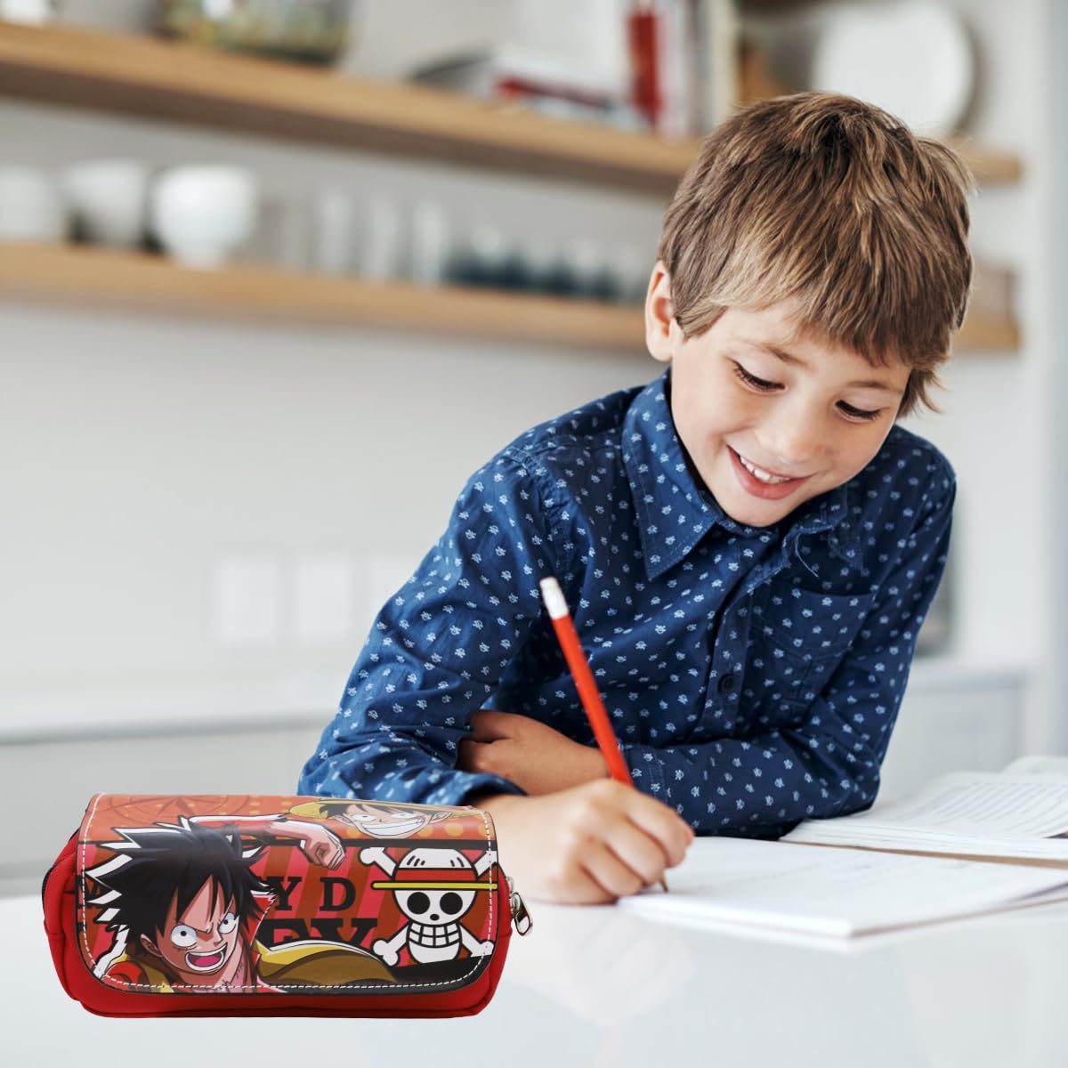 Fancyku Polyester One Piece Pencil Case for Students with Luffy Cartoon Print | 3PCS Set