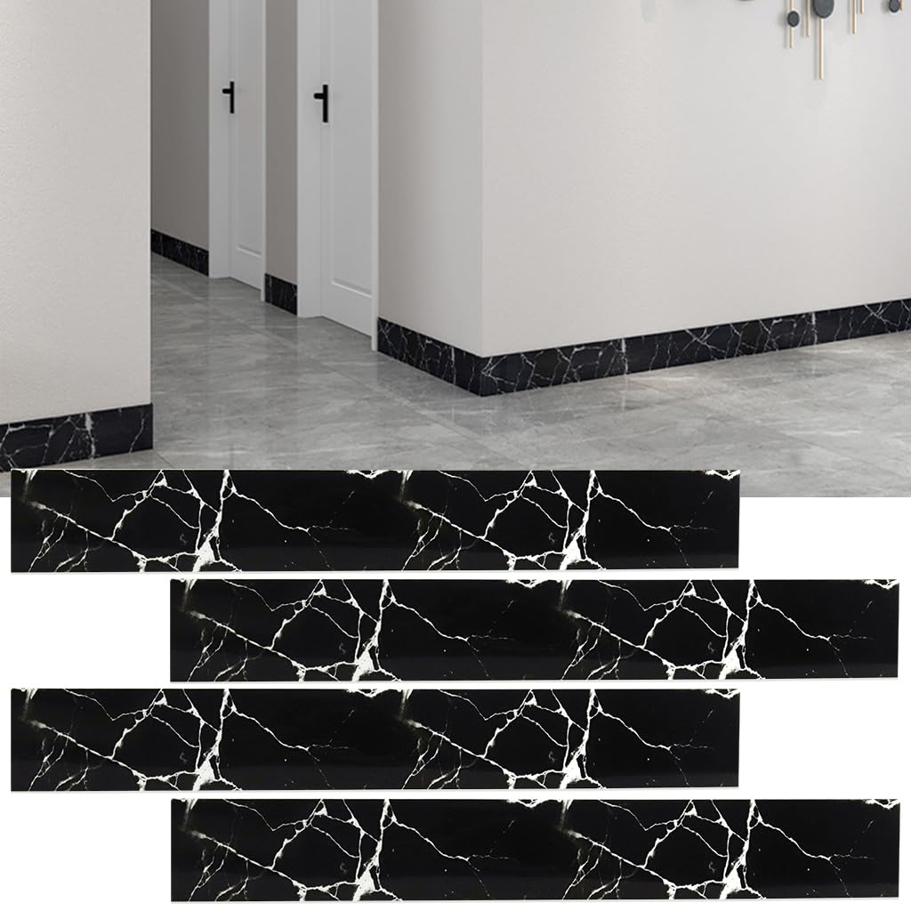 HASTHIP® 4Pcs Wall Border Sticker, Black Marble Crack Pattern Self-Adhesive Baseboard Trim, Waterproof PVC Self Adhesive Wallpaper Border for Home, Bathroom, Living Room (23.5 X 3.1 Inch)