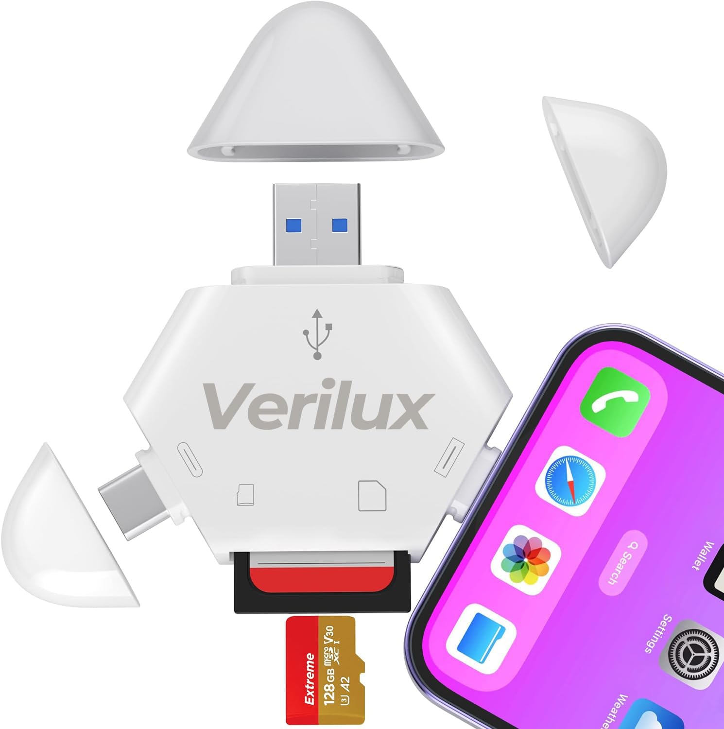 Verilux® SD Card Reader 3 in 1 Micro SD Card Reader with Light-ning, USB A, Type-C Interface, OTG Card Reader Support to 1TB with Magnetic Cap Memory Card Reader for iPhone, iPad, Macbook, PC, Tablet