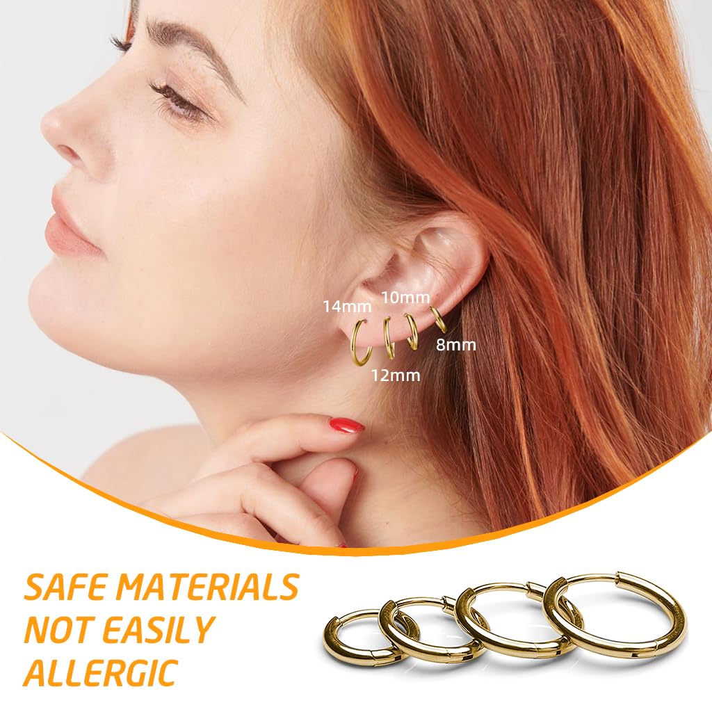 SANNIDHI Hoop Earrings for Women and Men with 4 Pairs 8mm–14mm Gold Stainless Steel | Minimalist Style