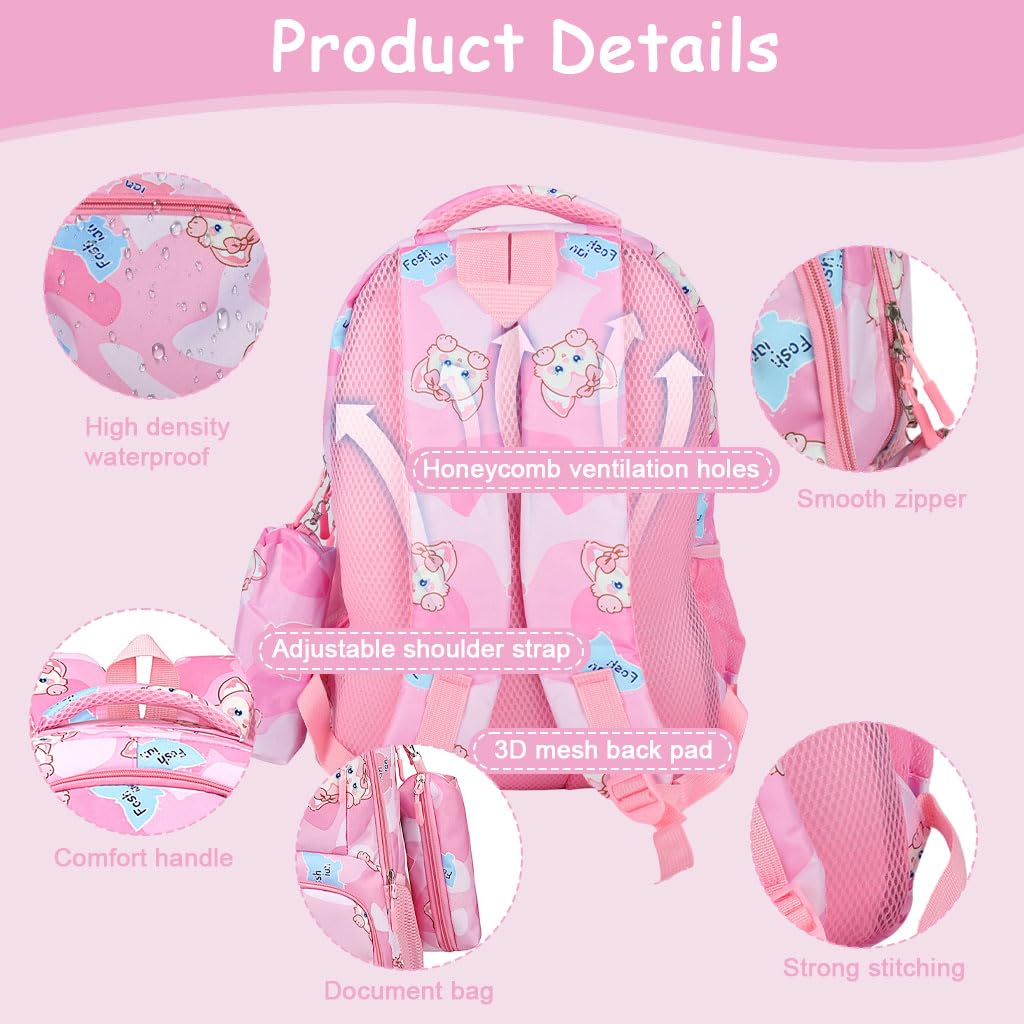ZIBUYU Cute Girls School Backpack for Kids with Pencil Case and Lunch Box Compartment | Pink Unicorn Design for Ages 6–12