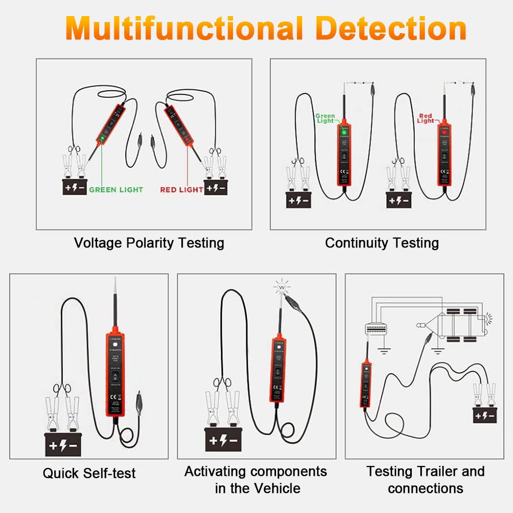 Serplex® Power Circuit Tester 6-24V DC Test Light Short Circuit Tester Component Activation Electrical Voltage Tester Polarity Identify Continuity Tester with LED Light, Long Test Lead