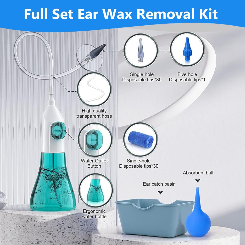 HANNEA® Manual Ear Rinser Kit Long Tube Ear Canal Irrigator for Adults & Kids Ear Cleaning Rinser with 30Pcs Single-Hole Nozzles, 1 Five-Hole Nozzle, Towel, Silicone Water Sucker, Water Basin