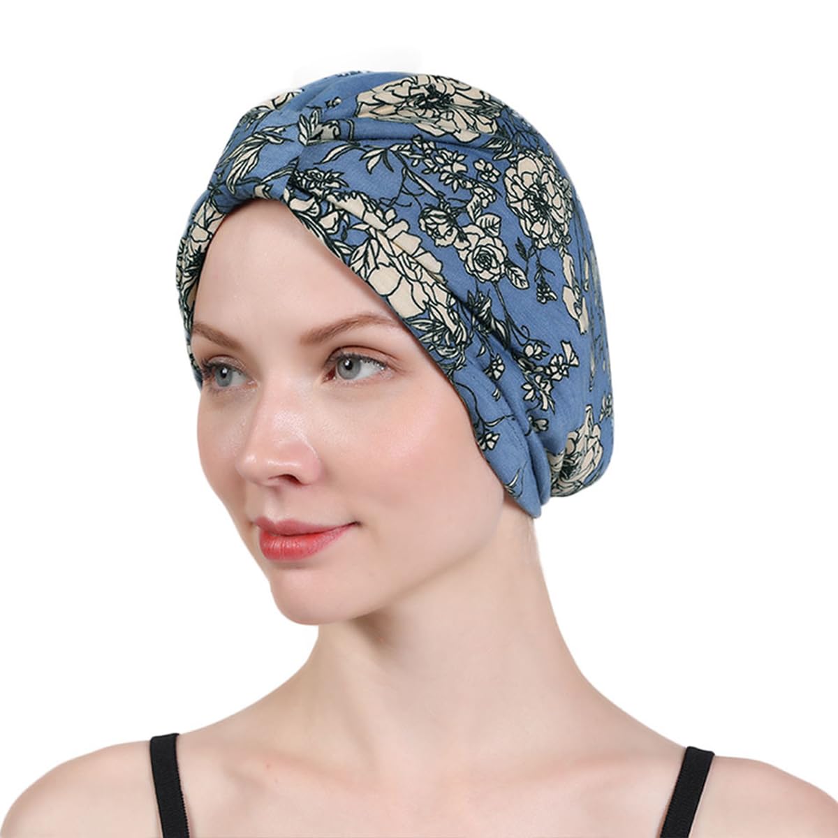 PALAY Chemo Caps for Women with Satin Liner and Cotton Floral Print | Soft Blue Headwrap
