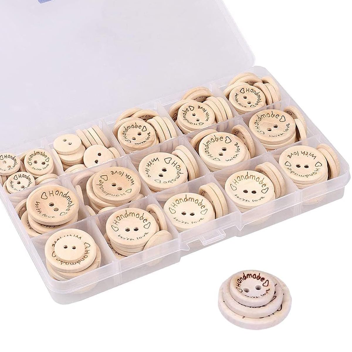 HASTHIP® Wooden Button Set Handmade DIY Button for Knitting Sweather Button Set of 150Pcs Clothing Bottons with 3 Sizes Dual Hole Wooden Engraved Button for Crafting, DIY Crocheting Craft Decoration