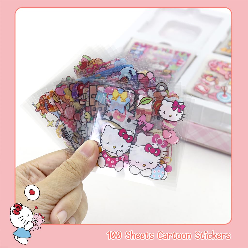 HASTHIP® 200Pcs Cute Cartoon Stickers PET Hello Kitty Sticker & Washi Stickers Set DIY Scrapbooking Kawaii Hello Kitty Stickers for Phone Case, Laptop Cover, Kids Water Bottle