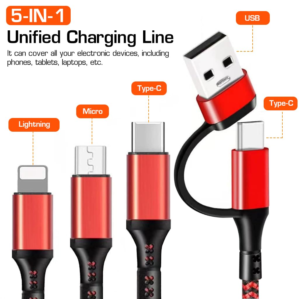 Verilux® USB C Cable, 5 in 1 USB C Charging Cable Universal USB C USB Charging Cable with Fast Charging Multi Port USB C Charging Cable for Phone, Laptop, Game Console, Tablet