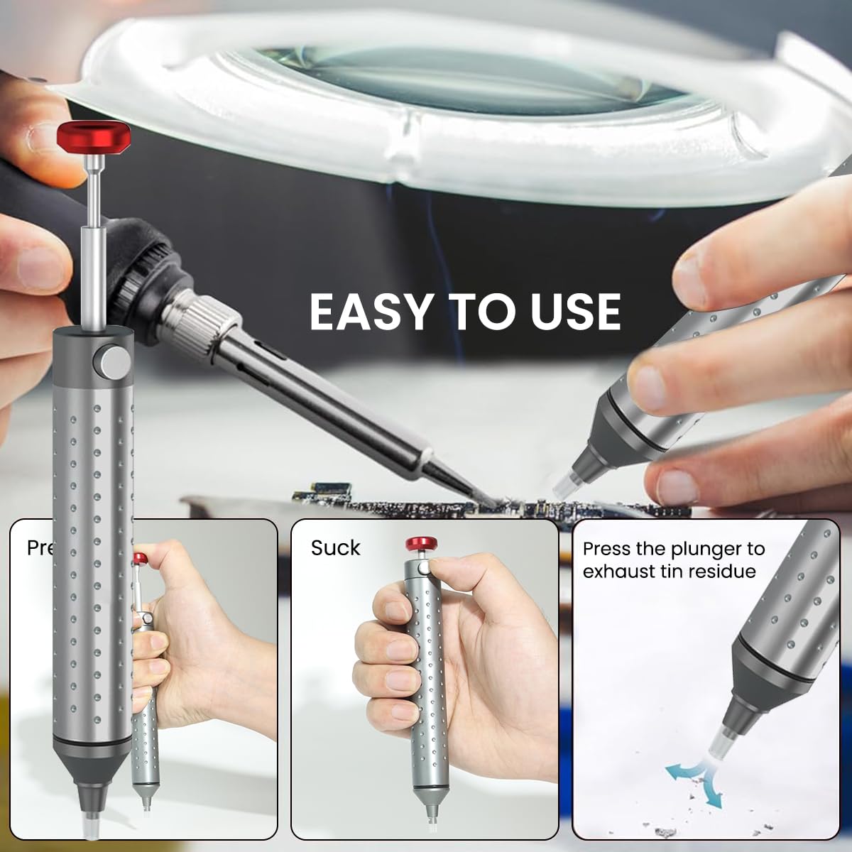 Serplex® Solder Sucker Tool with 2Pcs Cuttable Silicone Nozzle Tubes Aluminum Alloy Solder Sucker Sold Removal Tool Manual Vacuum Suction Heat-Resistant Silicone Nozzle Soldering Iron Supplies