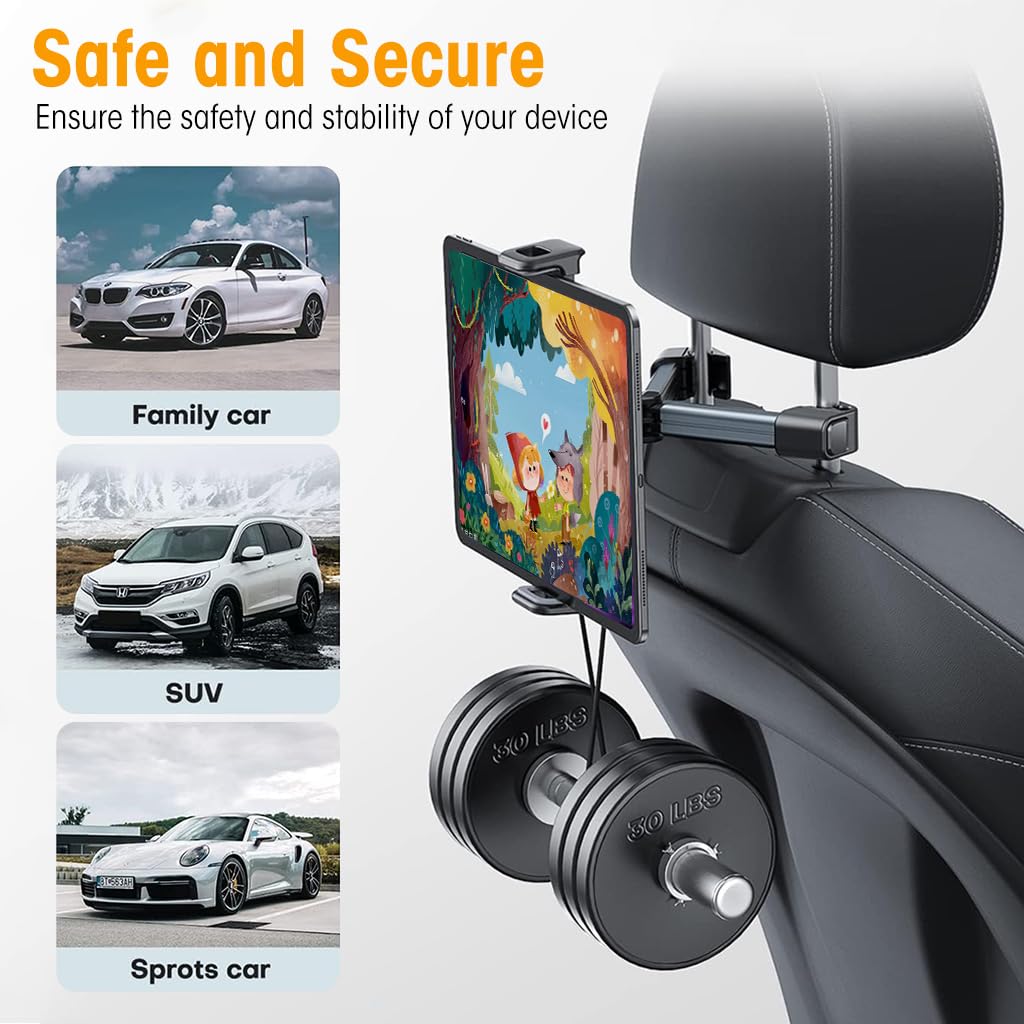 STHIRA Car Tablet Holder for Back Seat featuring Clip-On Retractable Arm and 360° Rotation | Fits 4.7–13 in Devices
