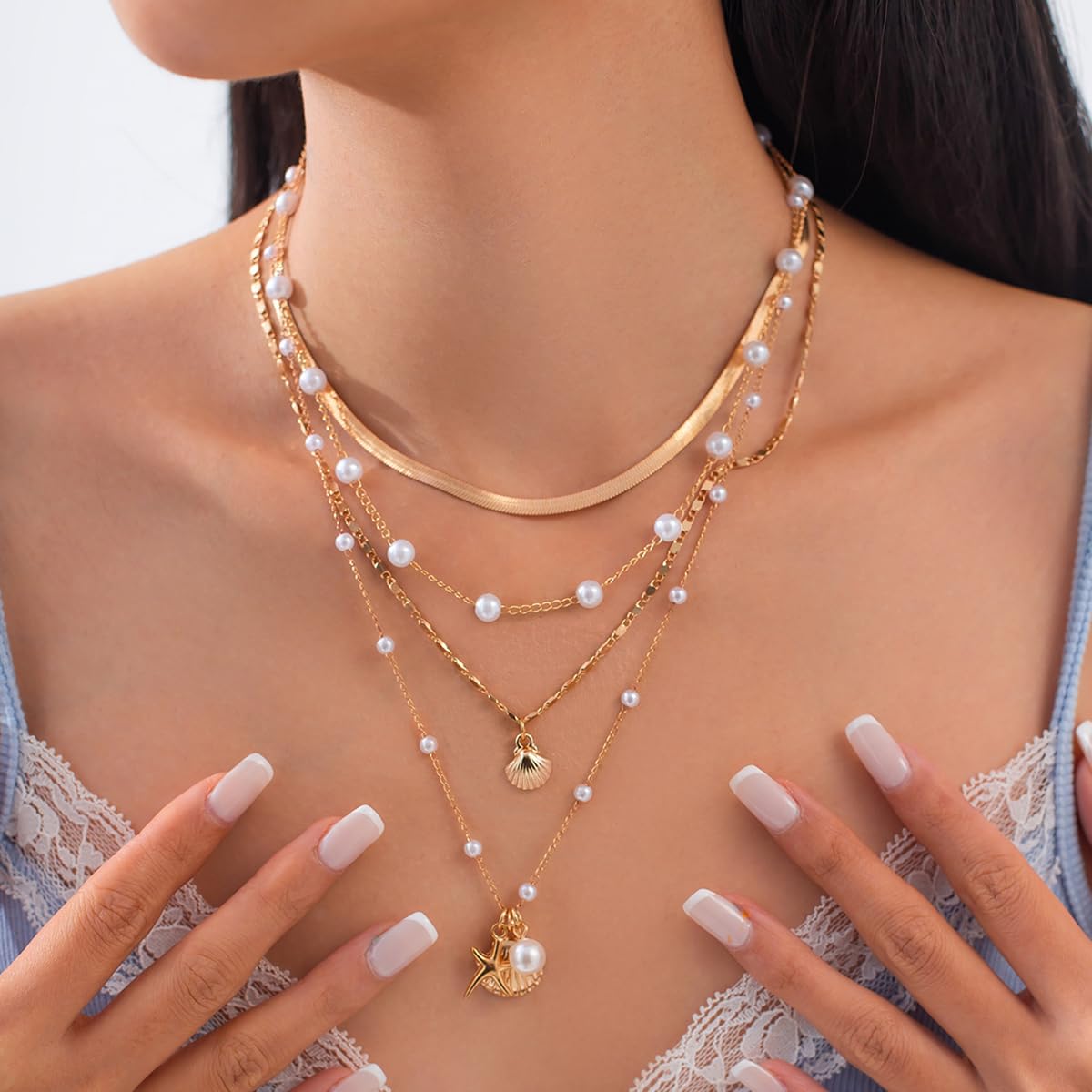 SANNIDHI Necklace Set for Women featuring 4 Layered Gold Chains with Seashell and Starfish Pendants | Beach Jewelry Gift