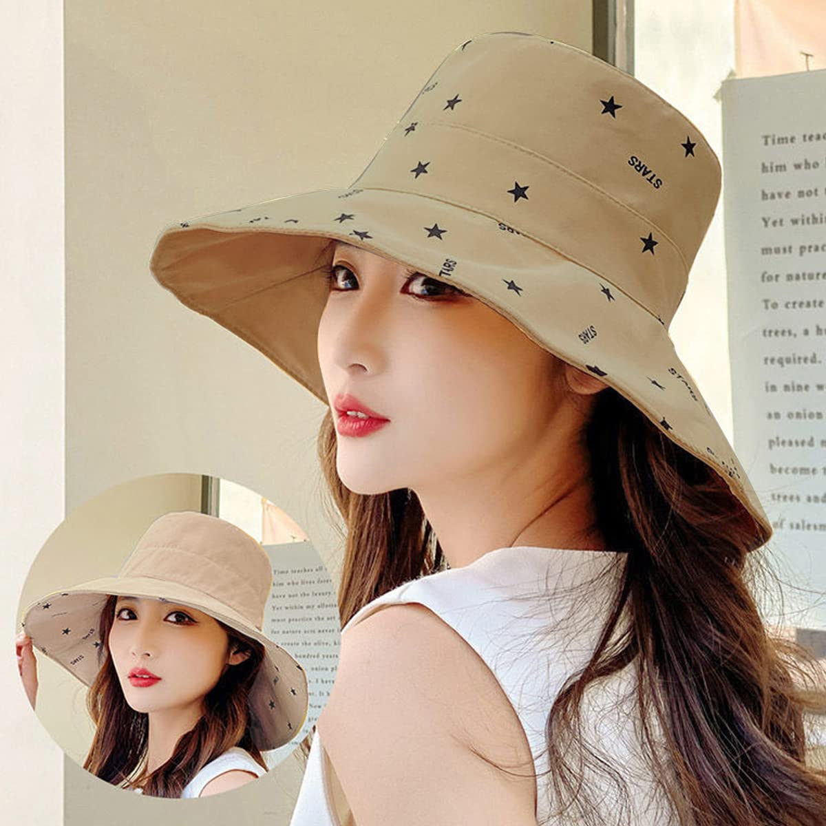 PALAY Bucket Hat for Women with Reversible Solid and Letter Print Design | 2PCS Cotton Khaki