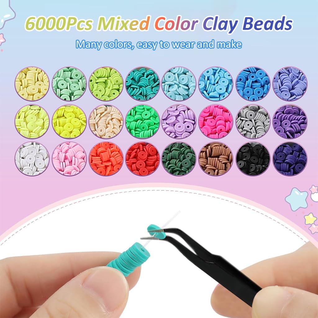 SANNIDHI® 6000Pcs Clay Beads for Bracelet Making 24 Color Flat Polymer Beads Letter Beads for Jewellery Making Kit, Heart Smile Face Gold Beads with Charms and Tools Set for Girls Women DIY Crafts