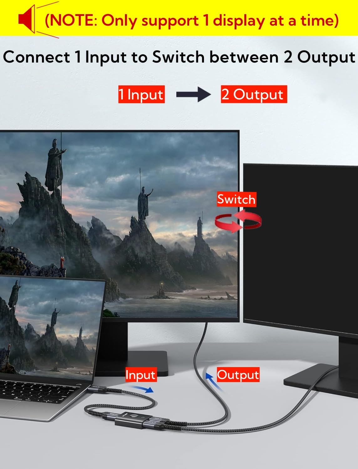 JSAUX HDMI Splitter for 4K 60Hz Display with 1.3ft Cable featuring Bi-Directional Switch | Aluminum Alloy Case