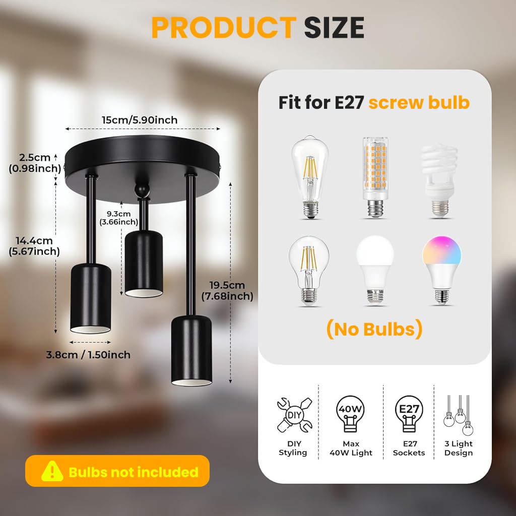 ELEPHANTBOAT Vintage 3-Light Chandelier for Apartment and Bathroom with E27 Bulb Compatibility | Black Iron Ceiling Light Fixture