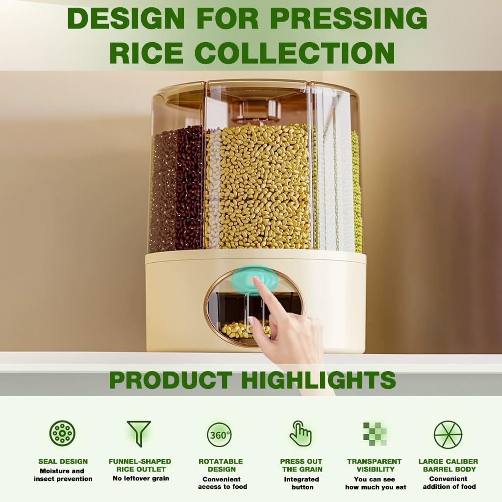 Supvox Cereal Dispenser for Kitchen with 6-in-1 Compartments and 24lbs Rice Storage | Moisture-Proof Rotatable Design