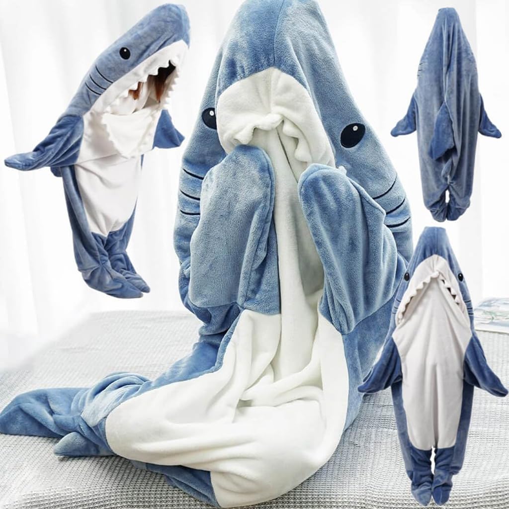 ZIBUYU® Shark Blanket Bag Pajamas for Women and Men Warm Flannel Hoodie Soft Plush Wearable Blanket Sleeping Bag for Adults & Teens Overnight Pajamas Party Shark Onesie Costume, 170cm