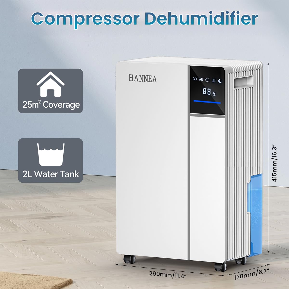HANNEA Dehumidifier for Home and Basement with 12L Day Capacity and Dual Drainage | Smart Humidity Control