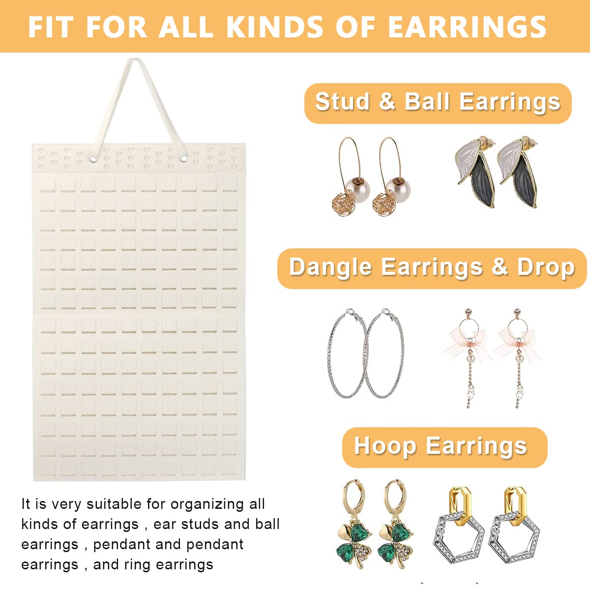 HASTHIP Felt Hanging Earring Organizer for 300 Pairs with 22.5x13.6 in Wall Display | White