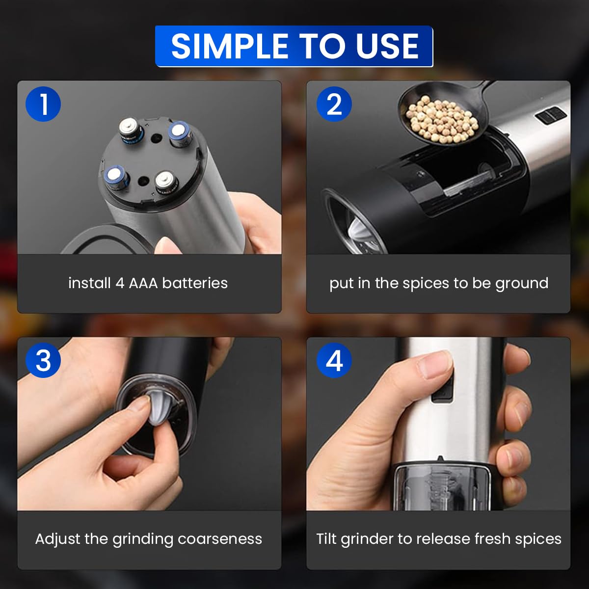 HASTHIP Electric Pepper Grinder with LED Light and Ceramic Core | Battery Operated Adjustable Coarseness