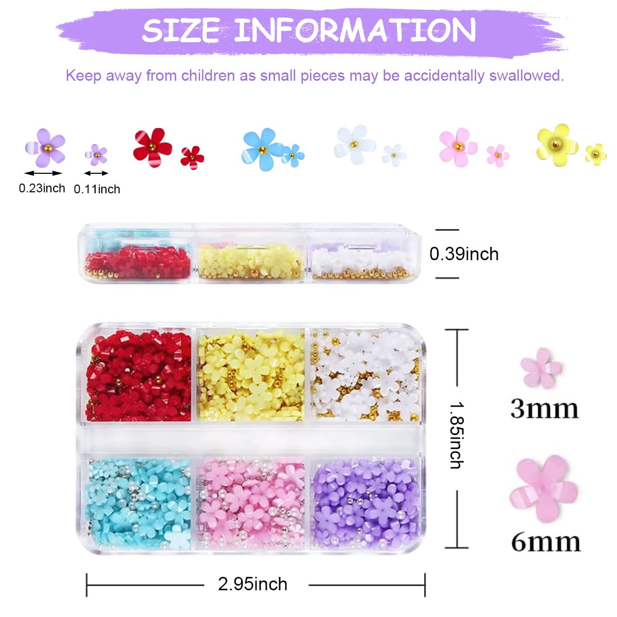 MAYCREATE 3D Resin Flower Nail Charms for DIY Nail Art with Golden Beads and 6 Colors | Acrylic Decal Set 3mm 6mm Mix