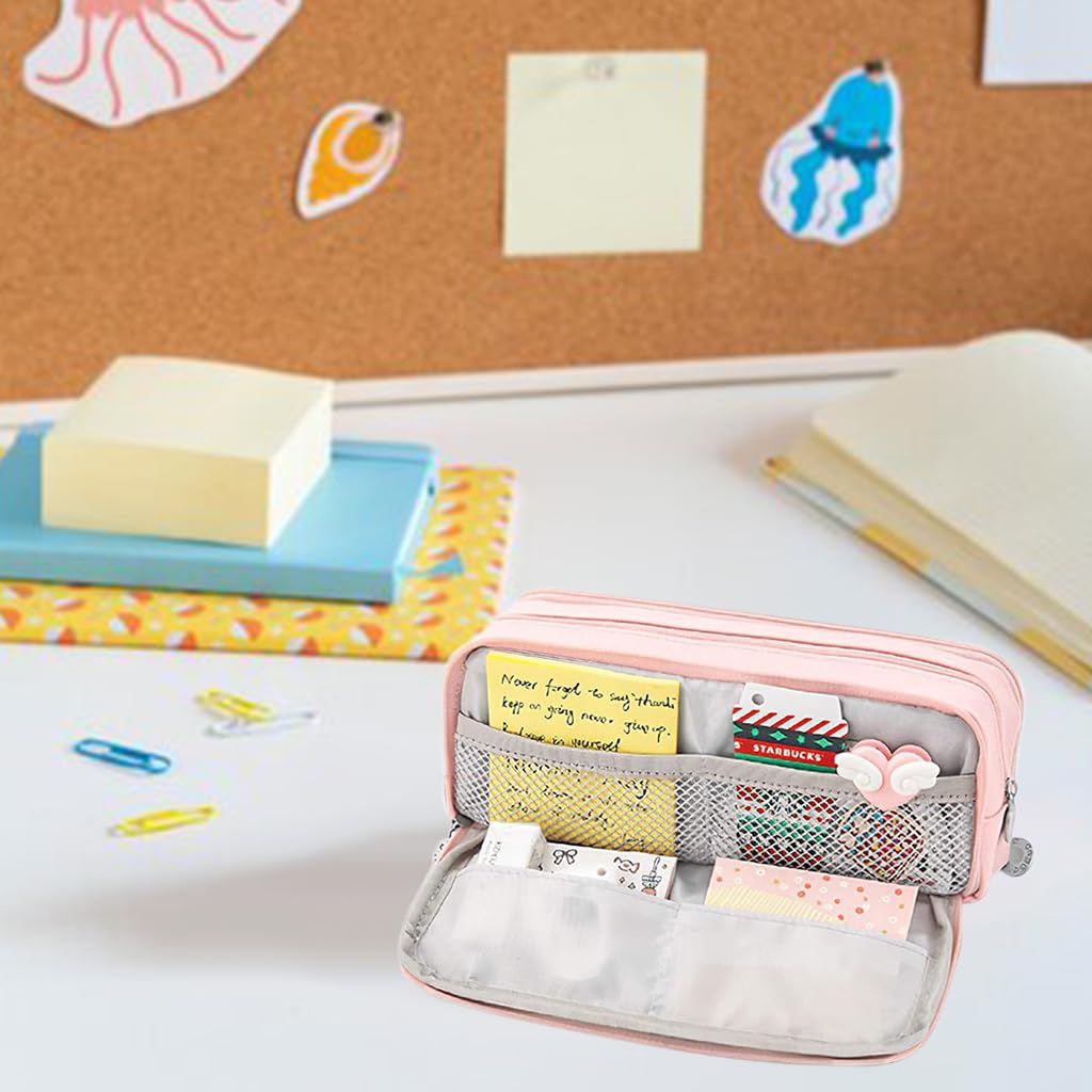 ZIBUYU Student Pencil Pouch Girls Pencil Bag Triple Layer Pencil Zipper Pouch Large Capacity Pencil Pouch Pink Oxford Cloth Pencil Pouch Office Stationeries Organizer Pouch School Supplies