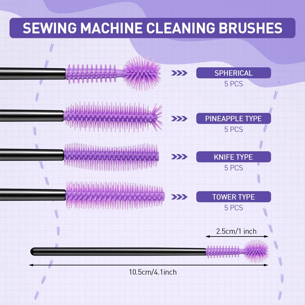 ELEPHANTBOAT Nook and Cranny Cleaning Brushes 20 Pcs for Sewing Machines with 4 Bristle Shapes