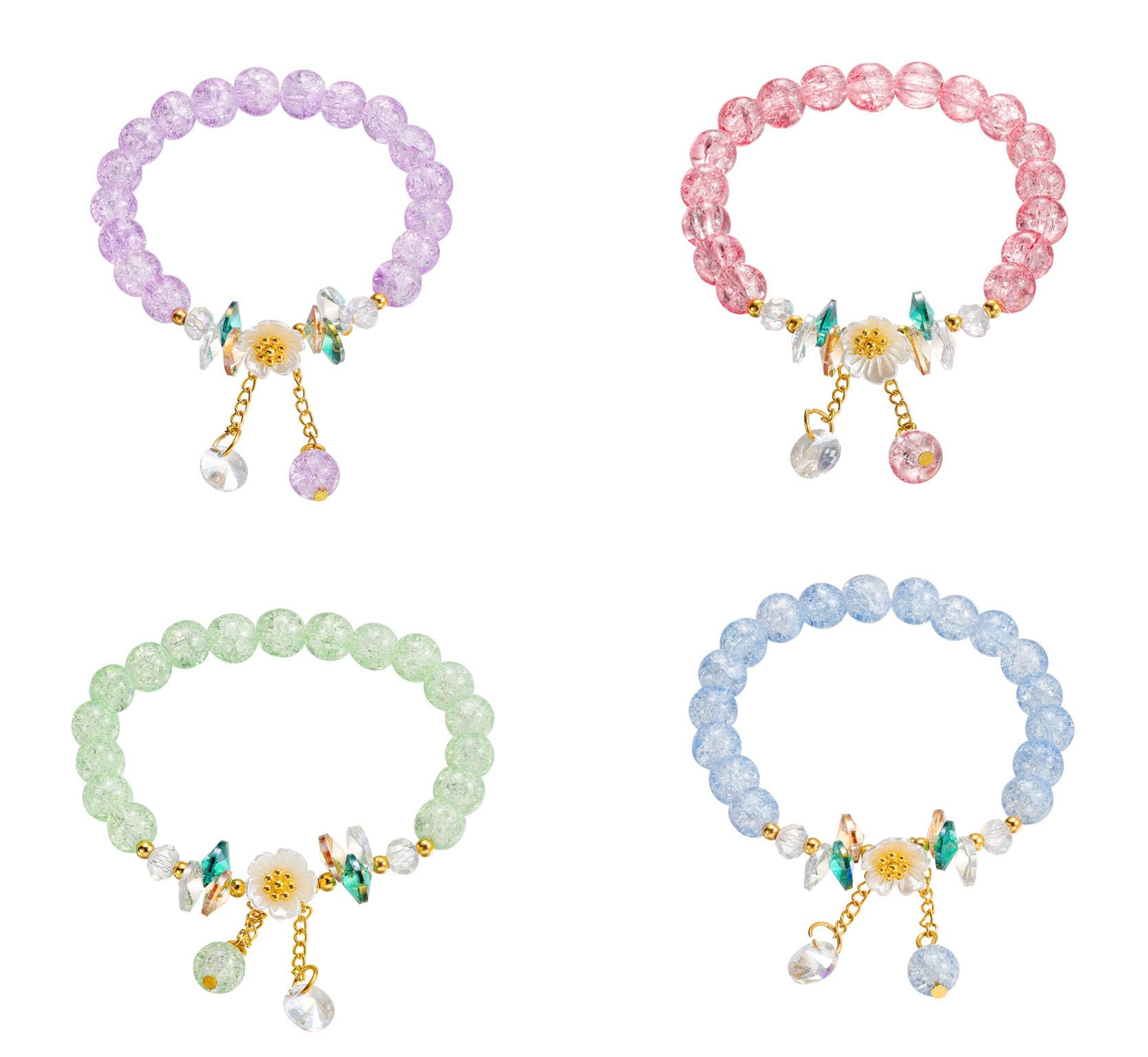 SANNIDHI Crystal Beads Bracelet Set for Girls with Floral Charms and Elastic String | 4pcs Friendship Gifts