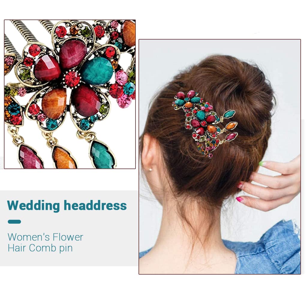 PALAY Women Hair Combs for Bridal and Daily Use with Rhinestone Flowers and 9.5cm Size | Retro Alloy Plating Hairpin