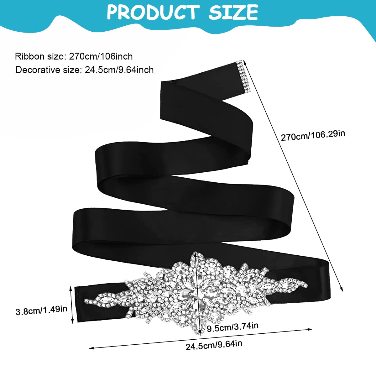 PALAY Crystal Sash Belt for Wedding Dress featuring 9.65x3.54 in Rhinestone Applique | Elegant Ribbon Accessory for Women