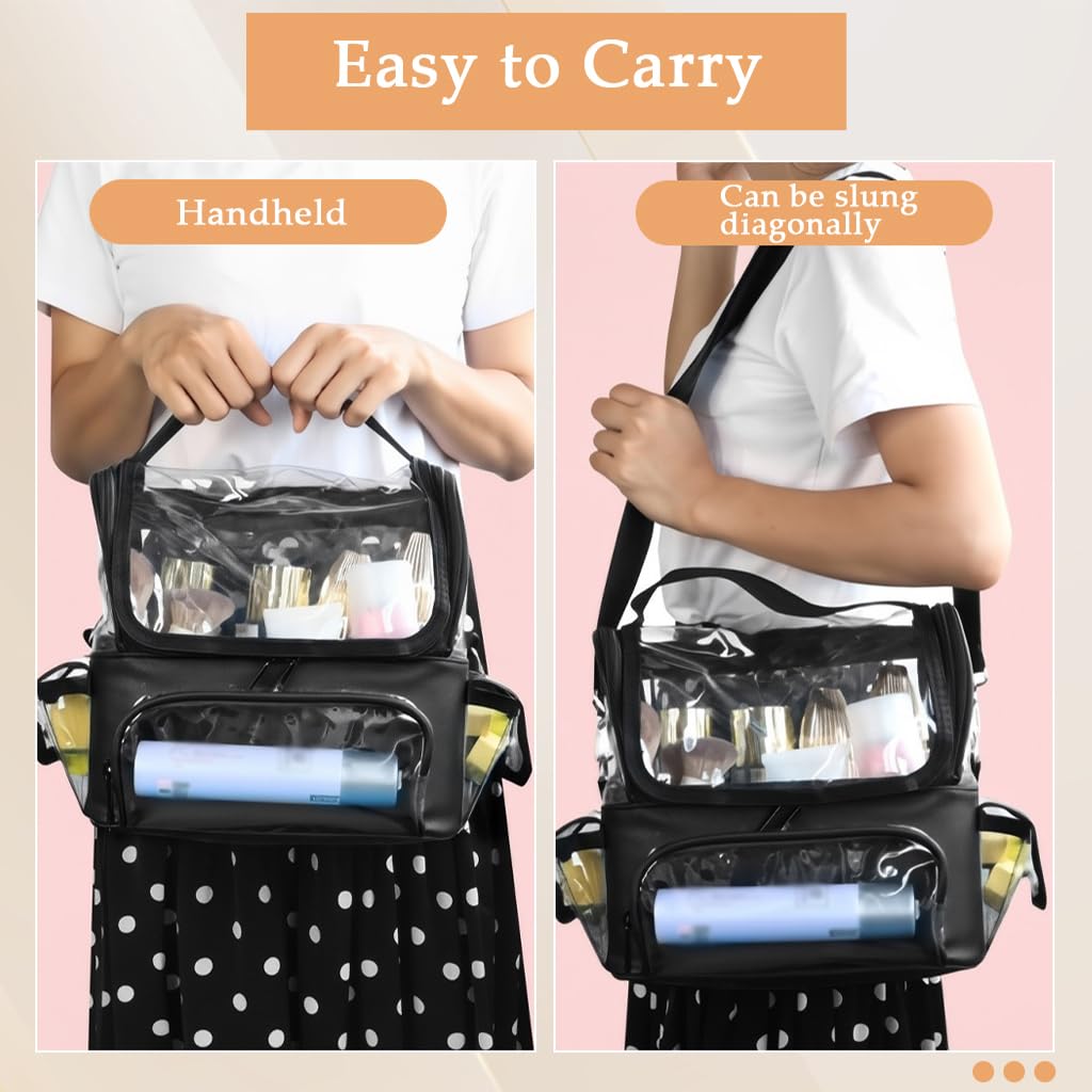 Zibuyu Clear Waterproof Makeup Organizer Bag for Travel with Adjustable Dividers 24x24x14cm | Transparent PVC Case with Handle and Shoulder Strap
