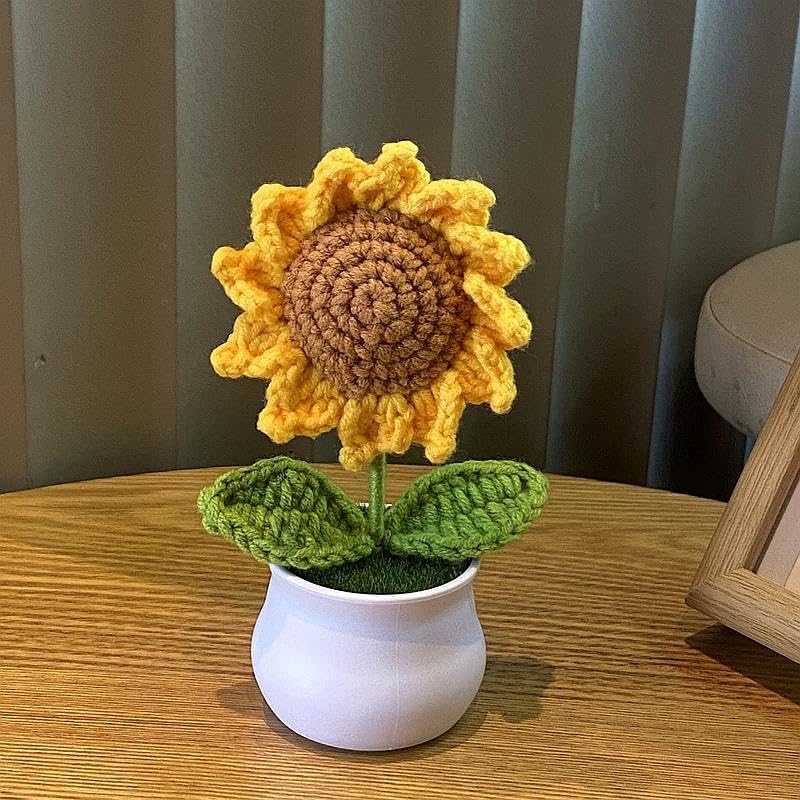 HASTHIP® Desk Decor Small Sunflower Flower Pot Handmade Crochet Sunflower Desk Decor Office Desk Decoration Book Shelf Decoration Car Interior Decoration Home Decor, 8x14cm