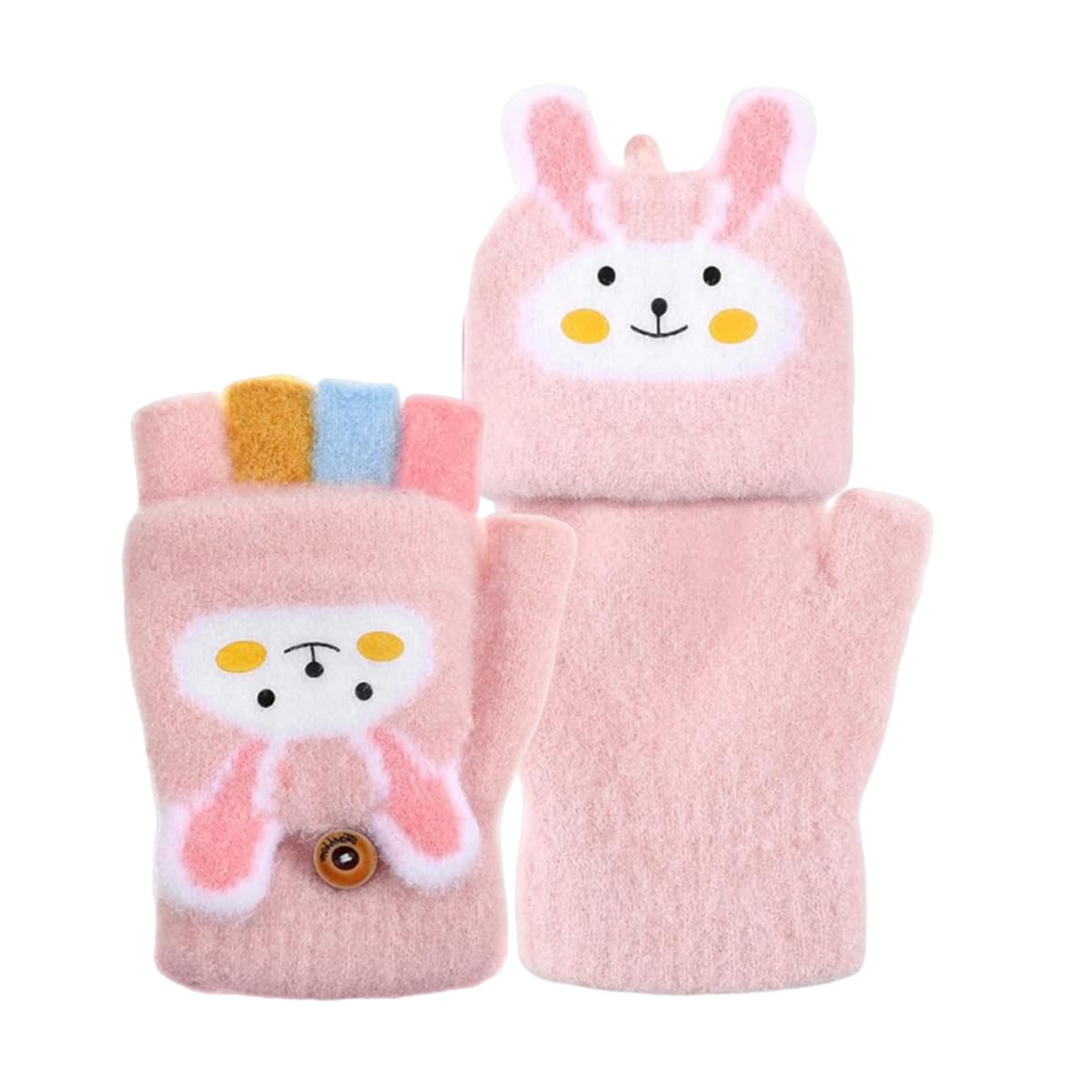 PATPAT Pink Bunny Flip Winter Gloves for Girls 4–12 with Finger Guard Flap | Soft Plush Half Finger Mitts for Outdoor Fun