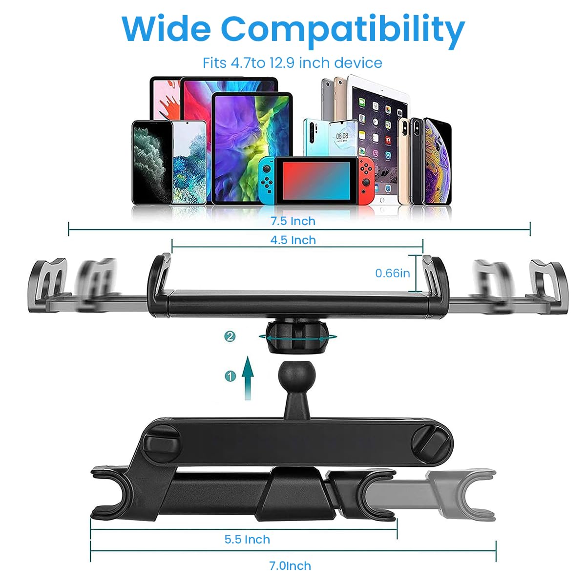 ZORBES® Car Tablet Holder, 360° Rotation Headrest Mounted Mobile Ipad Holder, Retractable Tab Holder Clip On for Car Tablet Holder Tablet Bracket for 5-11 Inches Phone or Tablet