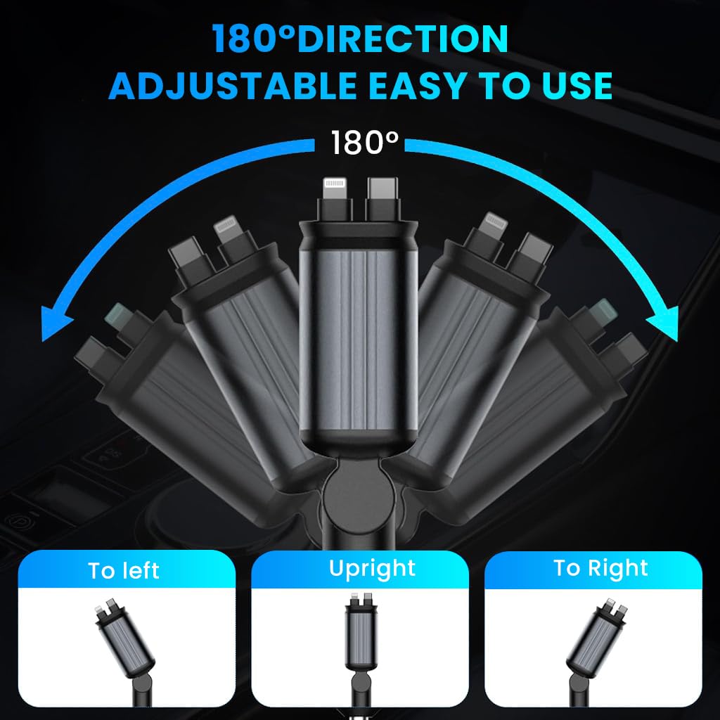 STHIRA Car Charger 120W for 12V and 24V Vehicles with 2 Retractable 80cm Cables & Dual USB Ports | 180° Flexible Joint and Mini RGB Light