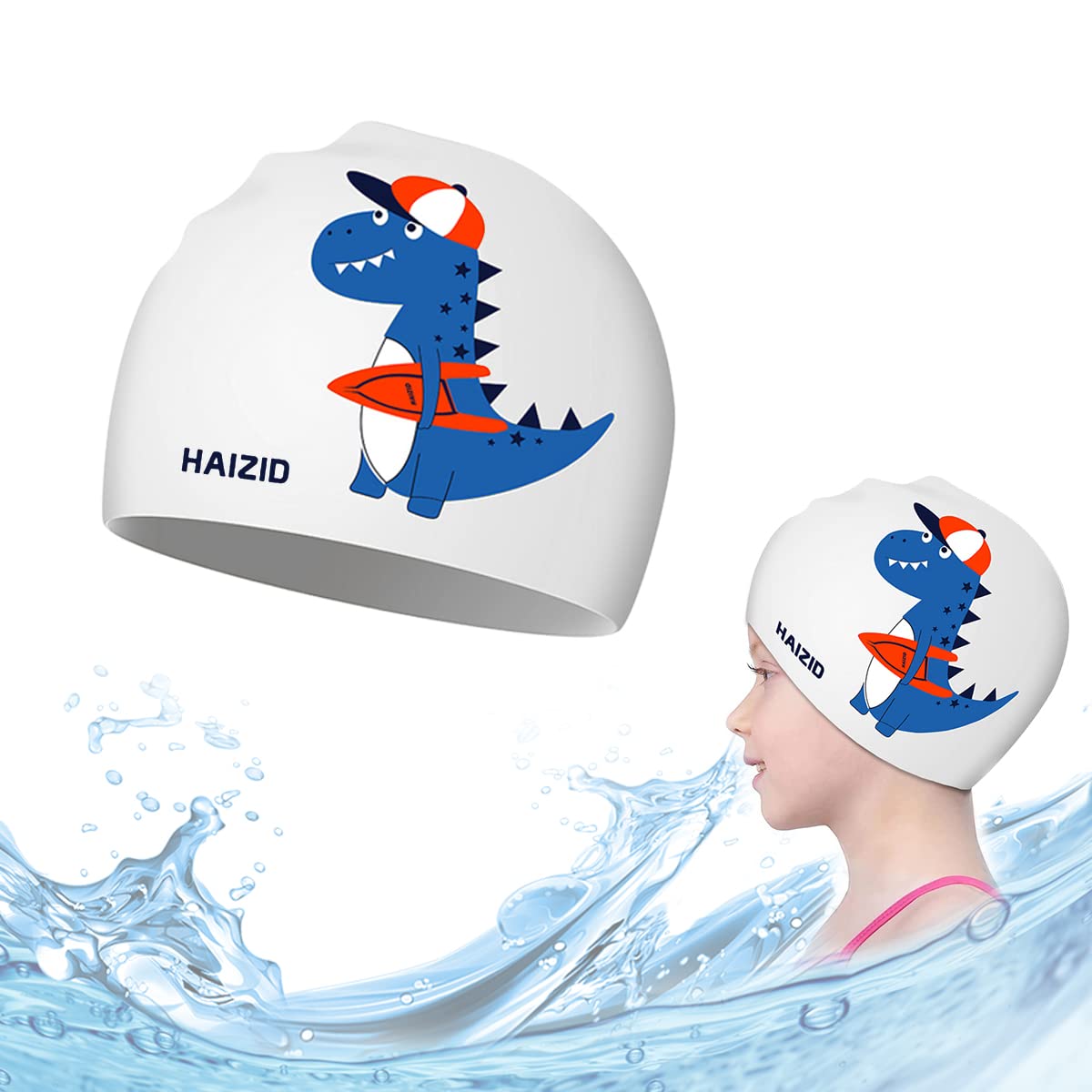 Proberos Silicone Swim Cap for Kids 2–8 featuring Cartoon Dinosaur Design and Leak Protection