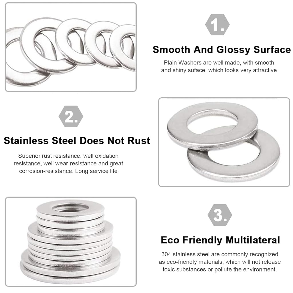 Serplex® 360PCS 304 Stainless Steel Flat Washers for Screws Bolts Fender Assortment Set Assorted Hardware Lock Metal Kit 9 Sizes M2 M2.5 M3 M4 M5 M6 M8 M10 Home Factories Repair